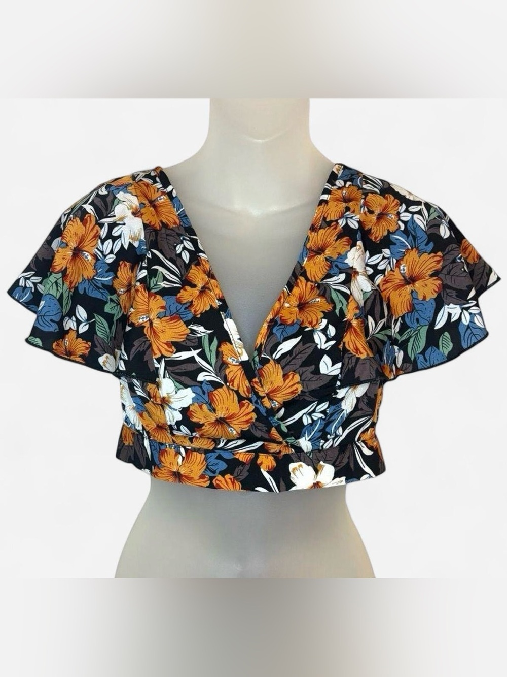 SHEIN Floral Wrap Crop Top XS Open Tie Back Flutter Sleeve Boho